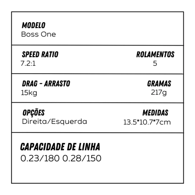 Carretilha Boss One - 15kg de Drag 7.2:1